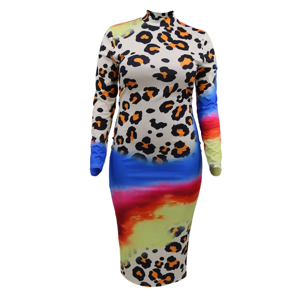 

Leopard Tie Dye Splash Ink Print Women Dress Fashion Mock Neck Long Sleeve Skinny Plus Size Dress Elegant High Waist Robe Femme