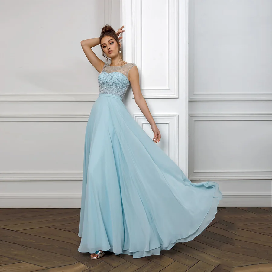 

Fashion Chiffon Evening Dresses Scoop Neck Cap Sleeve Beading Pearls Draped A Line Robe De Soiree Formal Party Dress
