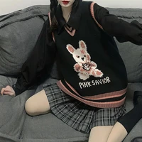 preppy style kawaii sweater rabbit knitted vest v neck sleeveless pullover black womens knitted sweater harajuku knit vest