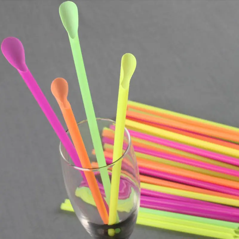 50pcs Plastic Drinking Straws Spoon Colorful Disposable Tea Tools Straw Eco Friendly Washable Bar Accessory Kitchen Supplies