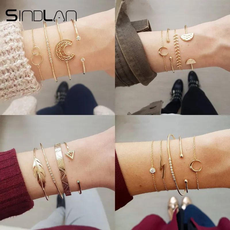 Sindlan 4 шт. Золотые кристаллы лист геометрические браслеты для женщин круглые