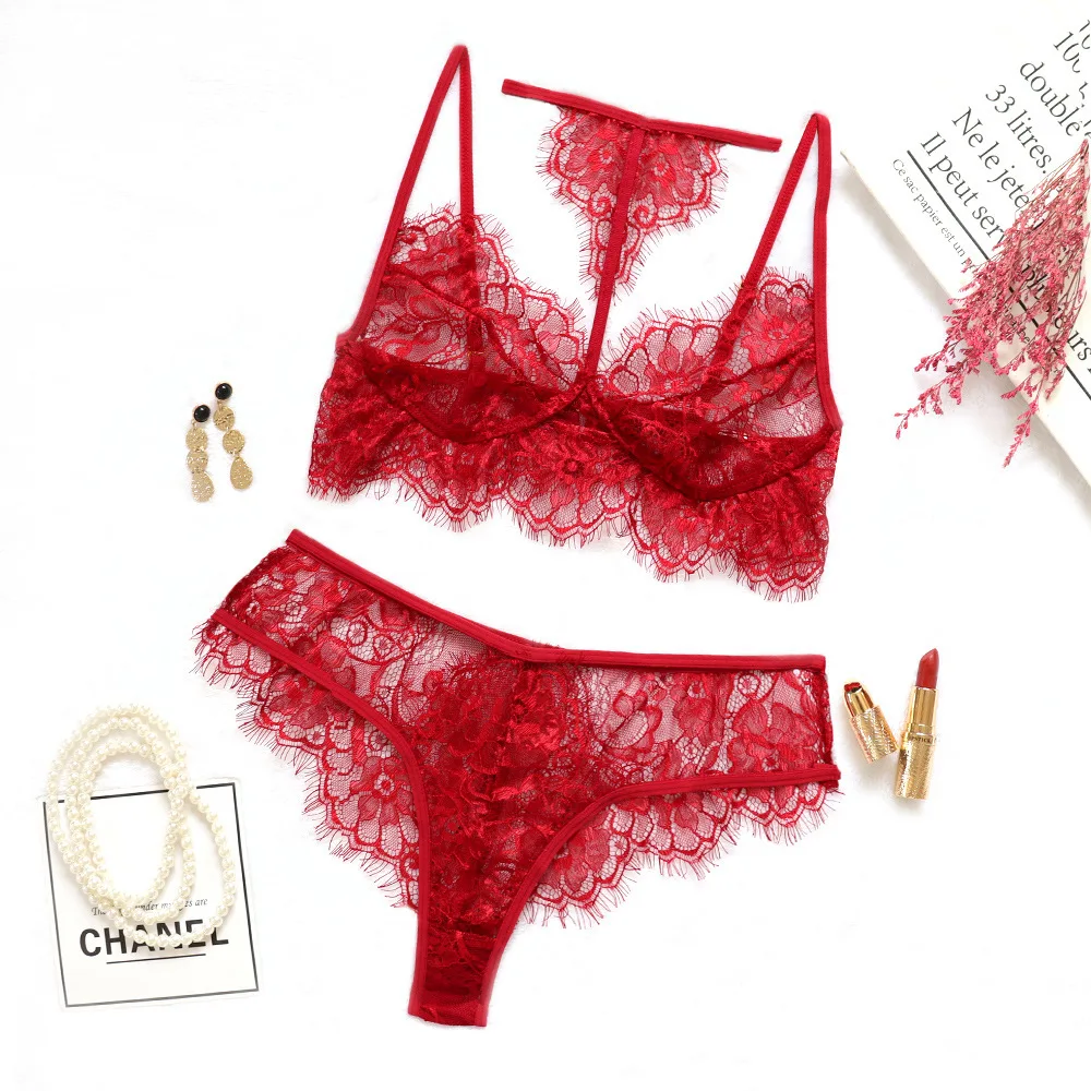 Комплект женского кружевного белья из 2 предметов откровенный бюстгальтер с