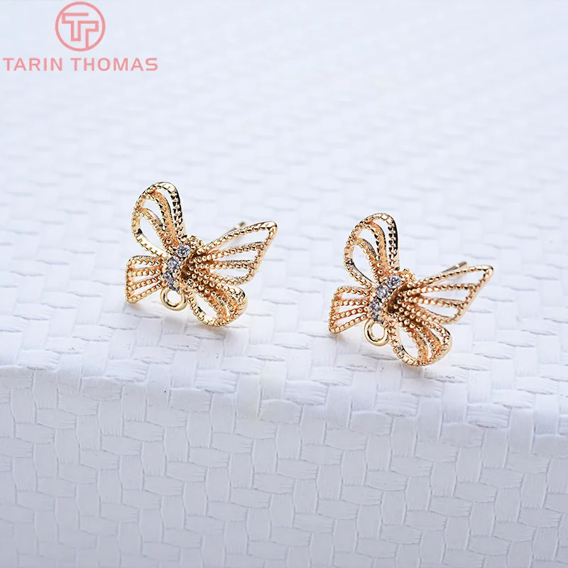 Серьги гвоздики с бантом из латуни и циркония 6 шт. 11 х10 мм 24 кар золотого цвета