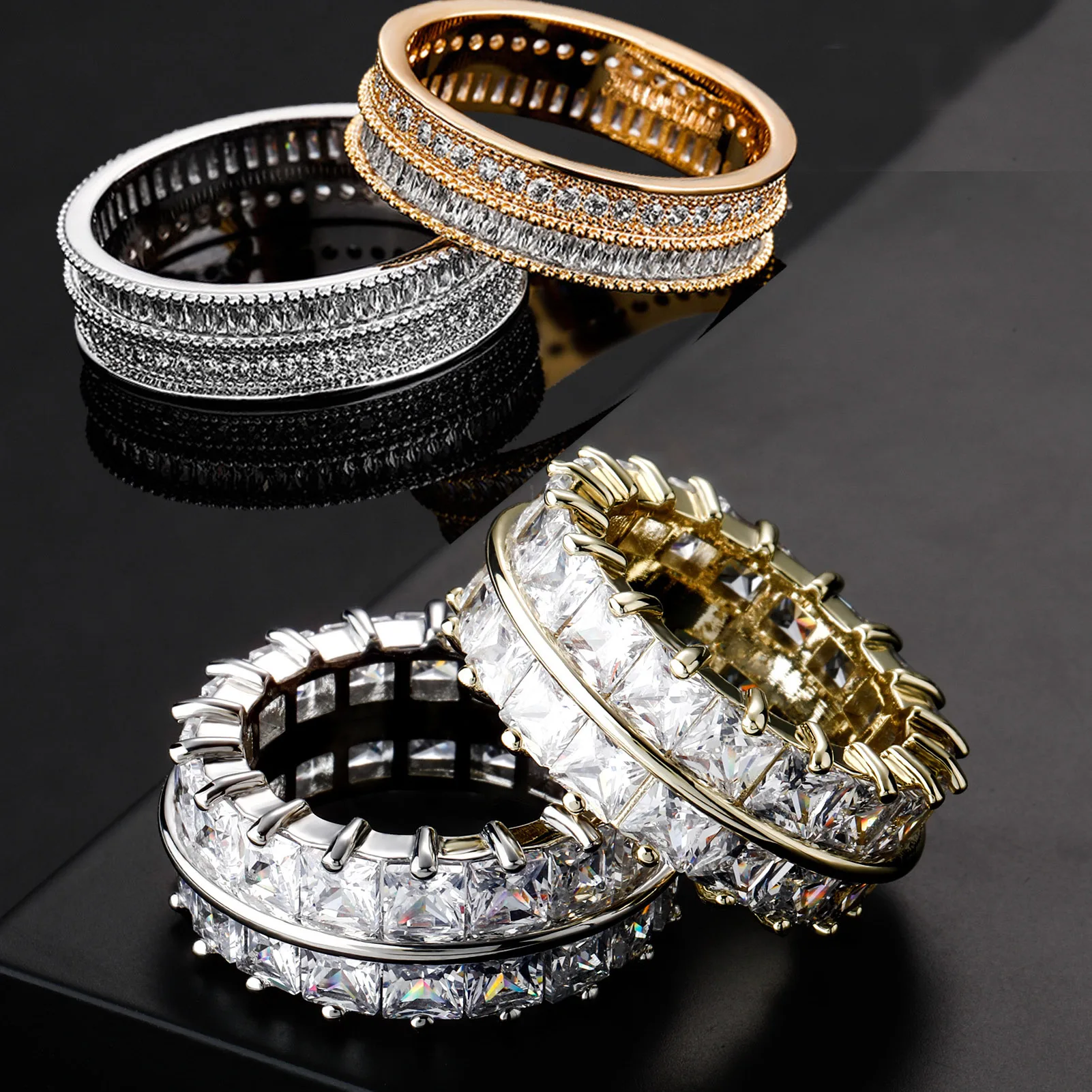 

New Fashion Hip Hop Gold Iced Out Baguette Finger Ring for Women and Men Square CZ Cubic Zirconia Wedding Band Jewelry Gifts