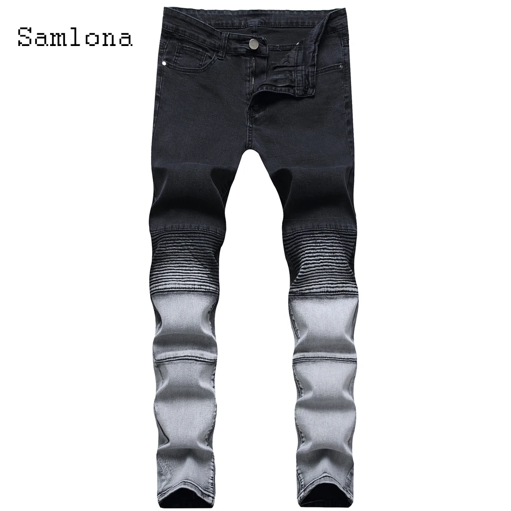 Latest Fashion Jeans Men's Clothing Pleated Casual Slim Fitted Pencil Denim Pants Patchwork Color Zipper Skinny Trousers Men
