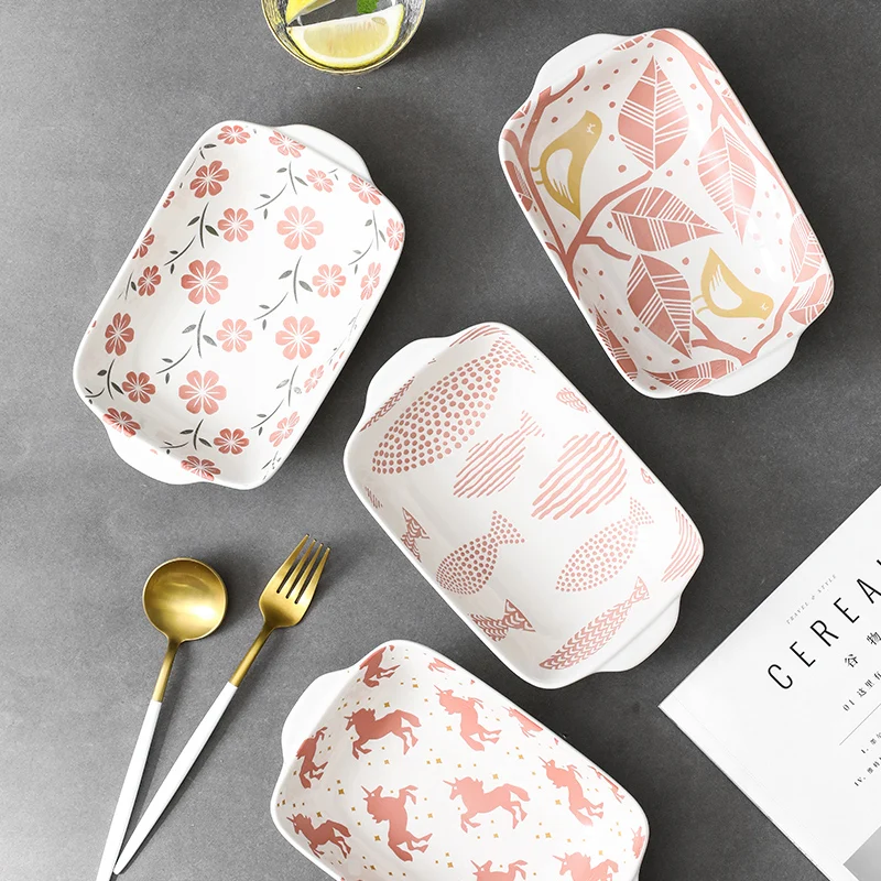 

Керамическая чаша для выпечки с ручкой, посуда для выпечки, цветная глазурованная прямоугольная фарфоровая посуда с подставкой для духовки...