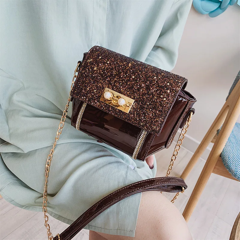 Модная сумка через плечо из лакированной кожи с блестками женская на