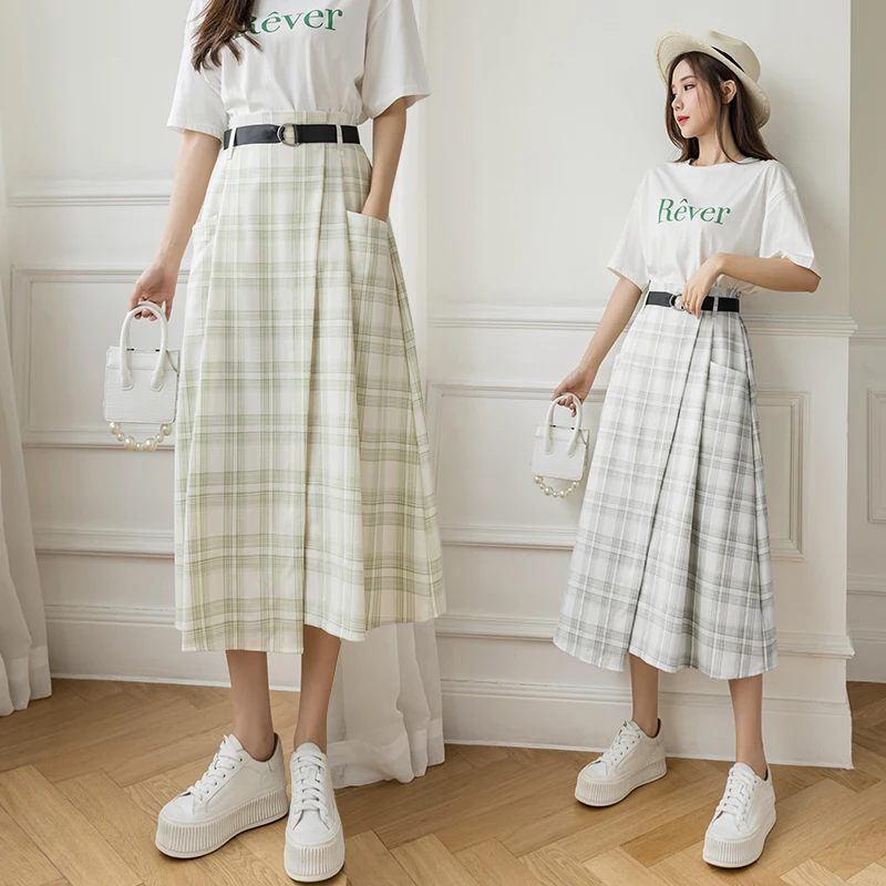 

Limiguyue Vintage Women Plaid Skirt Female A Line Jupe Irregular High Waist Skirts Korean Style Summer Elegant Pocket Mori K1385
