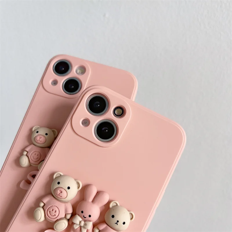 New Fashion Cartoon Pink Bear Silicone Case For iPhone 13 11 12 Pro Max Mini Xs Max XR X 7 8 6 6s PIus SE 2020 Love Soft Cover