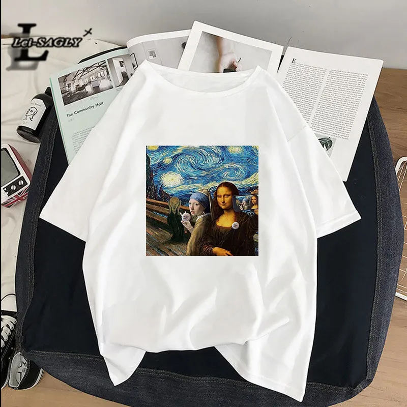 Lei SAGLY Mona Lisa smokes женские футболки художественная картина маслом Harajuku Эстетическая ulzzang негабаритная футболка Корейская одежда