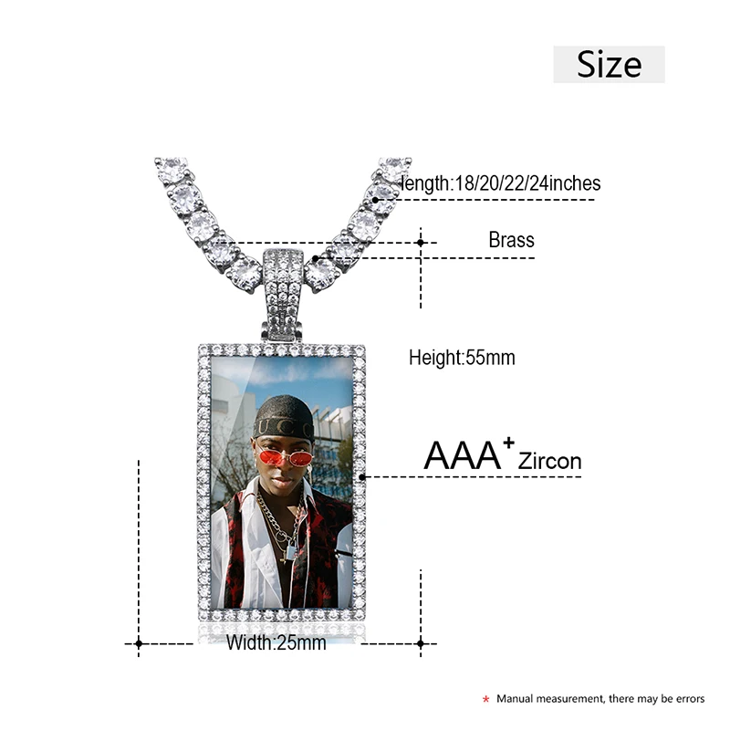 Rectangle Custom Made Photos Medallions Pendant Necklace With AAA Cubic Zircon Rope Cuban Tennis Chain Drop Shipping Gift Box