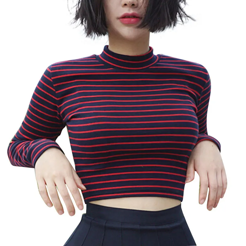 

Slim Short Bustier Crop Top Turtleneck Long Sleeved T-shirt Sexy Shirts Tee Crop Tops Women 2021 Chic All-match Classic Stripe