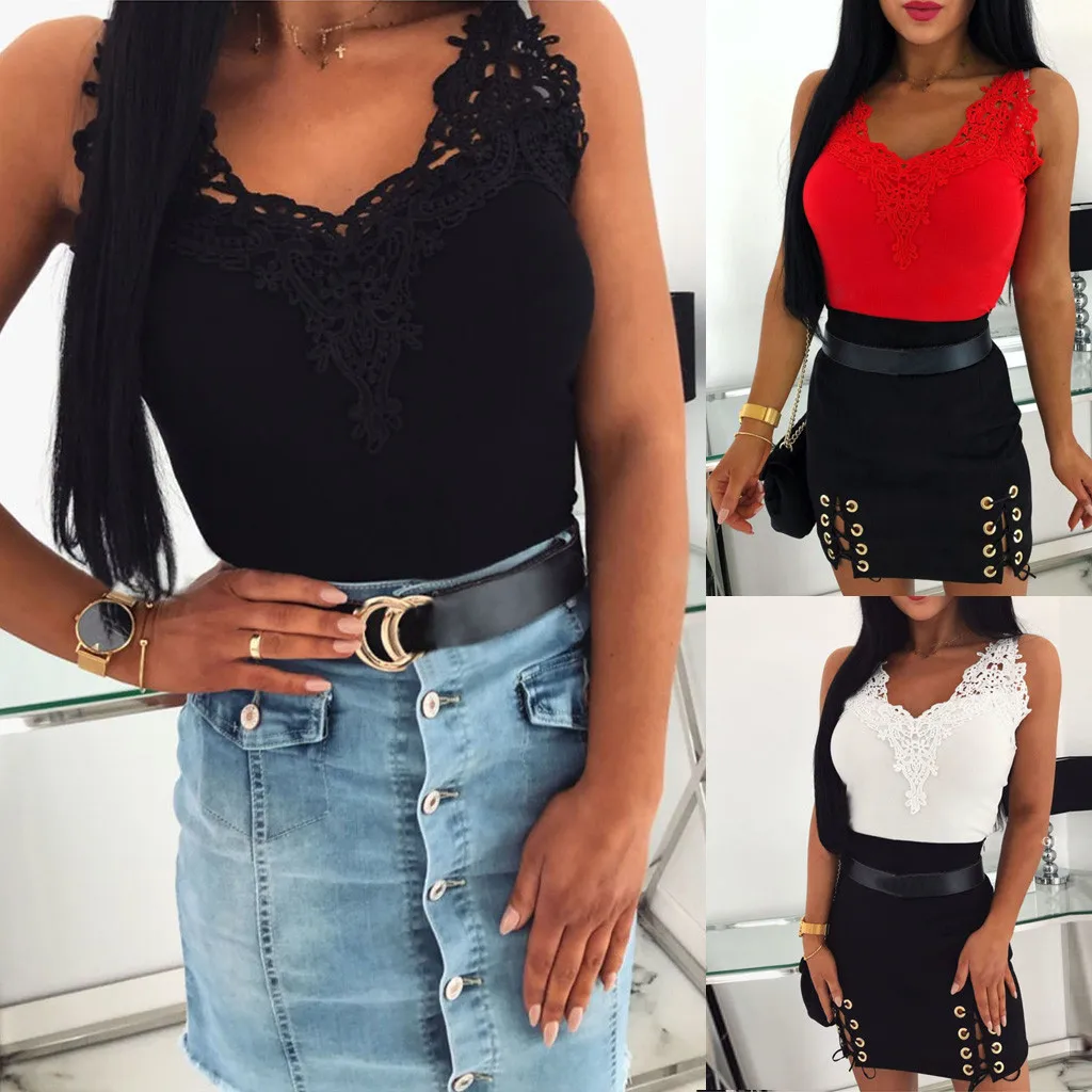 Women T-shirt Summer Fashion Ladies Casual Sexy Lace Splice Sleeveless V-neck Solid Slim Tank Vest Blouse Tops Party Shirts | Женская