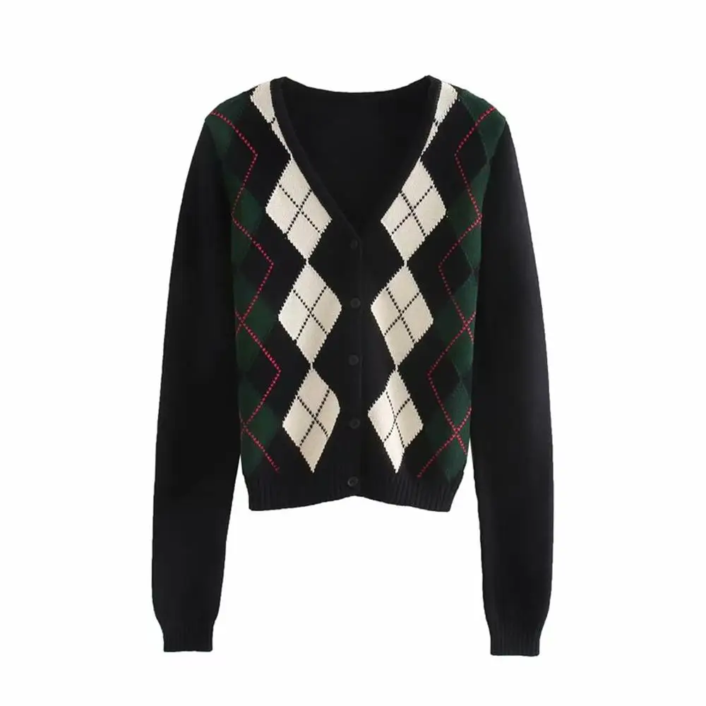 

2020 summer new V-neck long-sleeved button sweater diamond-shaped lattice knitted cardigan sweater women