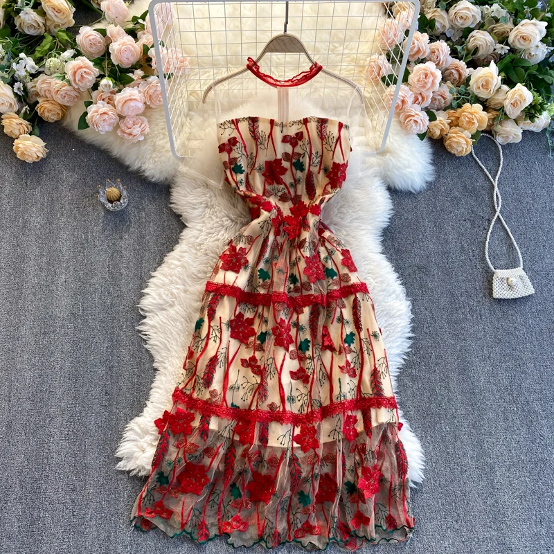 

Dresses Women Vintage Embroidery Summer Short Sleeve A-line Sexy 2020 Party Elegant Runway Lace Midi Dress Print Floral Boho Lac
