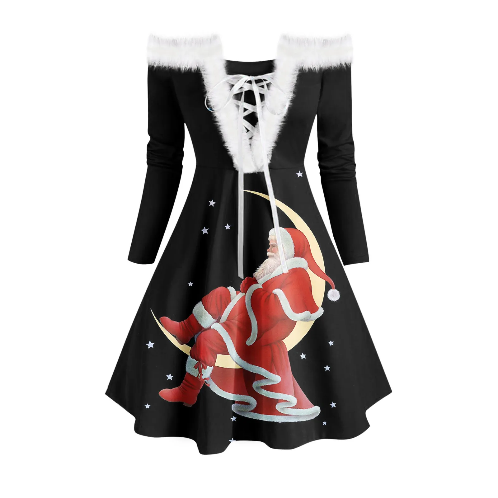 

Плюшевое ретро платье без бретелек с рождественским принтом с длинными рукавами на шнуровке женское сексуальное женское платье с меховым в...