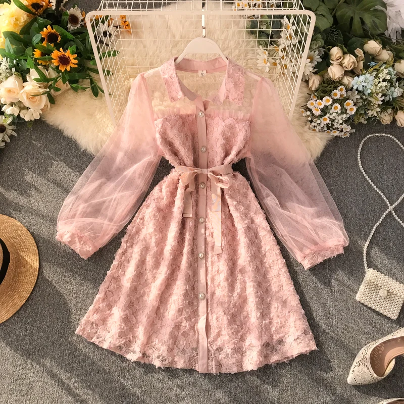 Новинка 2019 женское Сетчатое платье с пышными рукавами и цветочным рисунком