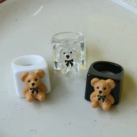 new cartoon cute transparent white black resin acrylic geometric square bear finger rings for women girls travel jewelry gifts