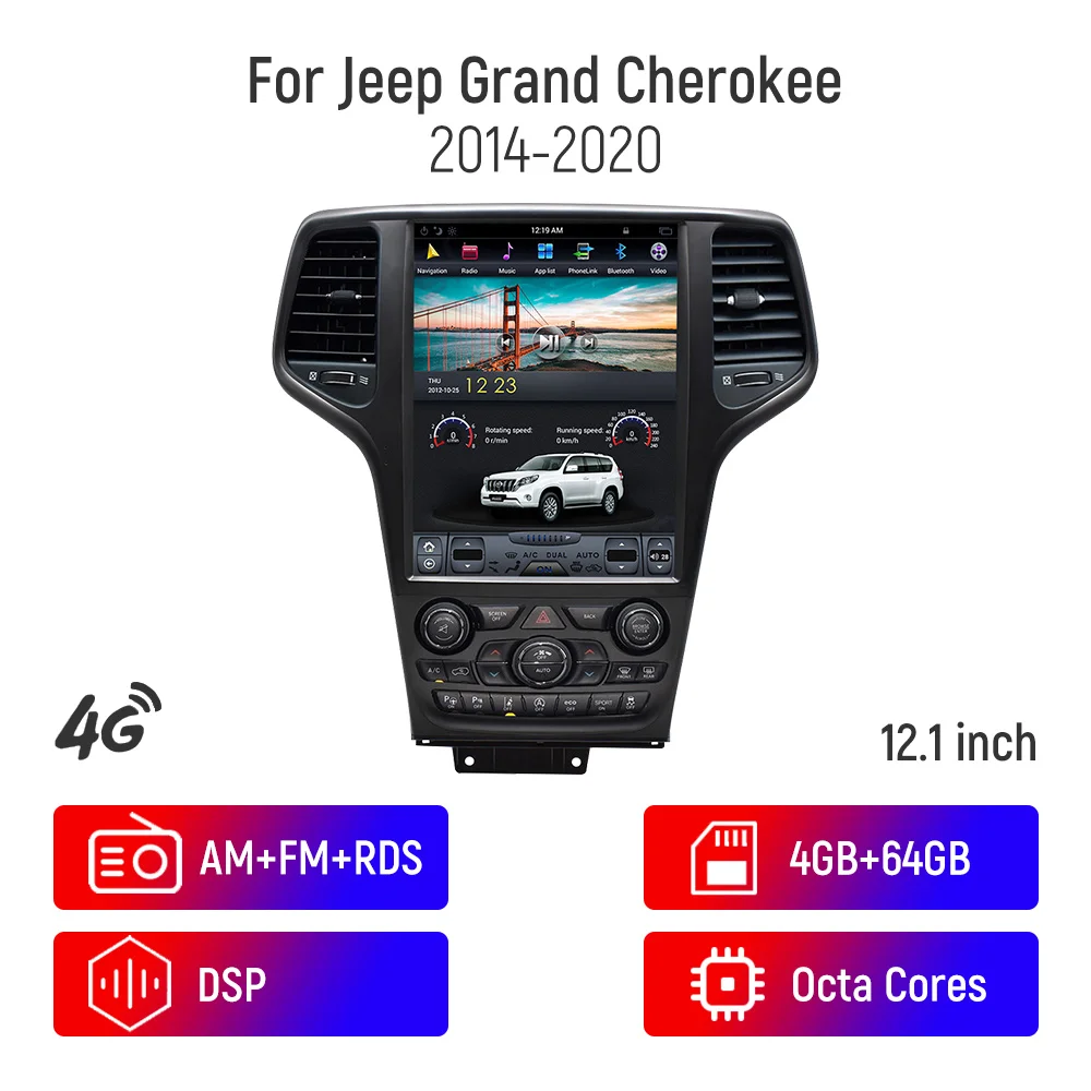 

12 Inch Android 9 4+64GB Car Radio GPS Navigation For Jeep Grand Cherokee 2014-2020 Auto Multimedia Player Stereo PX6 Carplay