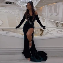 Fivsole – robe longue De Cocktail, vert foncé, fente latérale, manches longues courtes, robe De soirée moderne et formelle, 2022  (2)