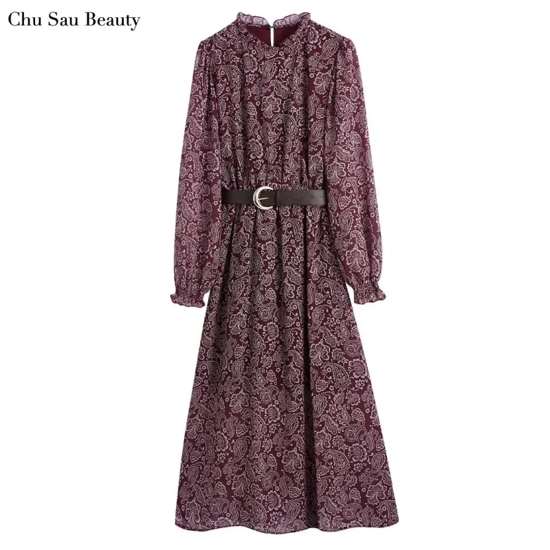

New ZA Women Autumn Print Dress With Belt Fashion Stand-Up Collar Loose Long Dress Casual Street Party All-Match