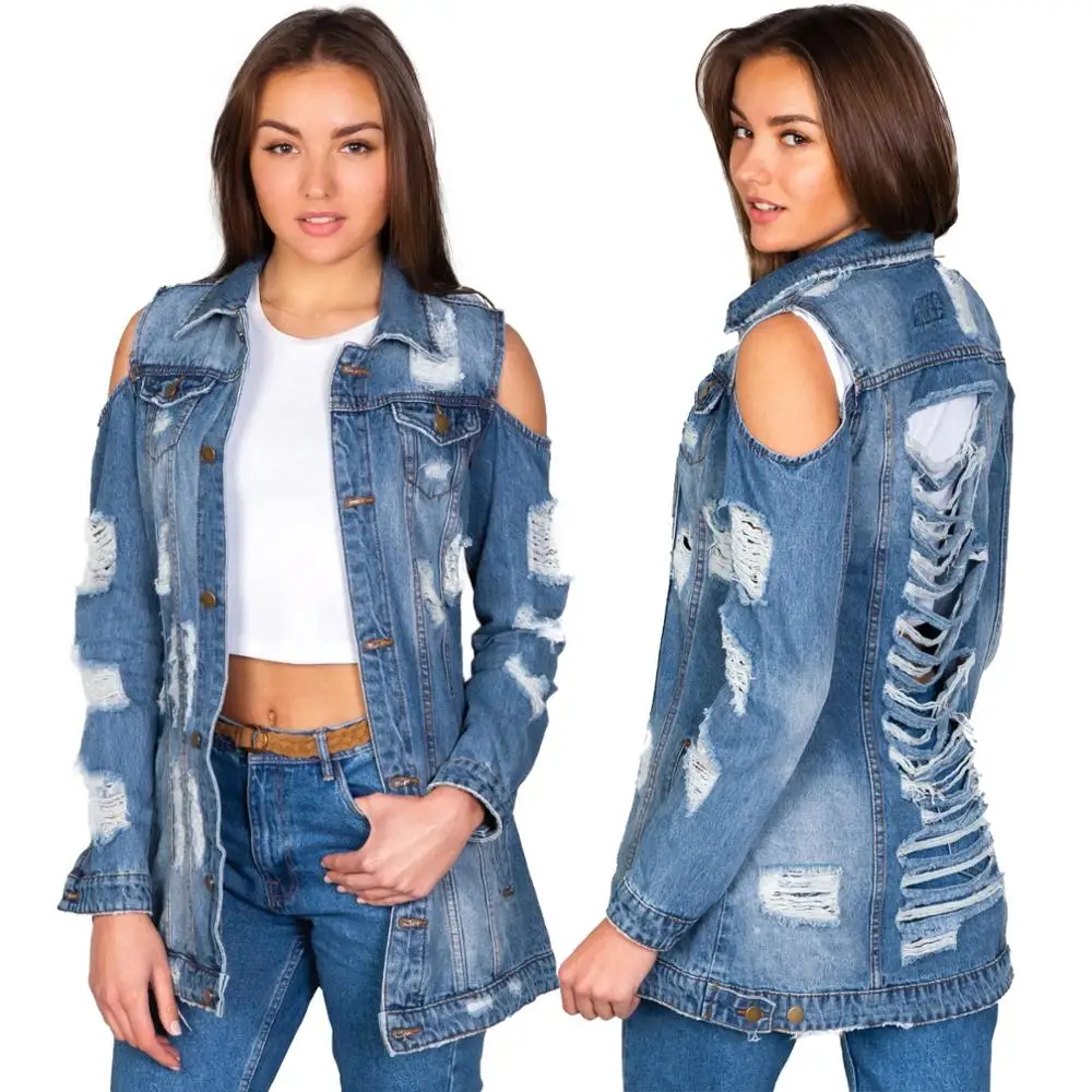 Girl Blue Denim Jacket moschino Women 2020 Autumn Off Shoulder Coat Ripped Oversized Outerwear Female Jeans Coat женская куртка