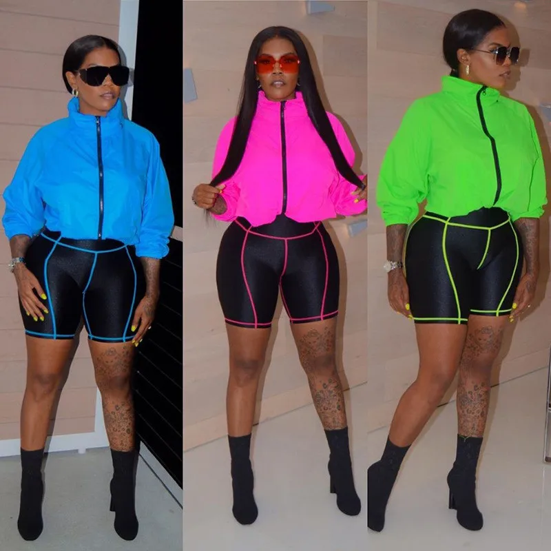 Sexy Two Piece Set Tracksuit for Women Zipper Turtleneck Long Sleeve Jacket Top and Elastic Shorts Casual Sweat Suit Streetwear