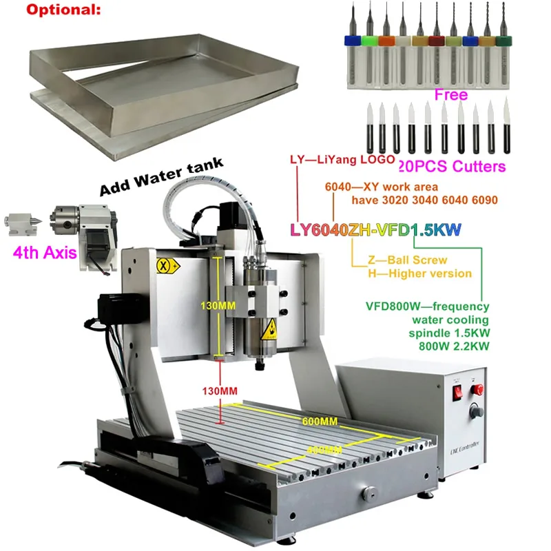 

800W 1.5KW 2.2KW 4 Axis USB CNC Engraving Machine 6040 1500W Wood Router Metal Milling Cutting Machine 130mm Z Axis Stroke