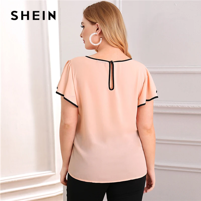 SHEIN/большие размеры, розовая контрастная привязка, рукав-бабочка, Peekaboo, блузка, топ, женская летняя Элегантная блузка с вырезом на спине, большие размеры