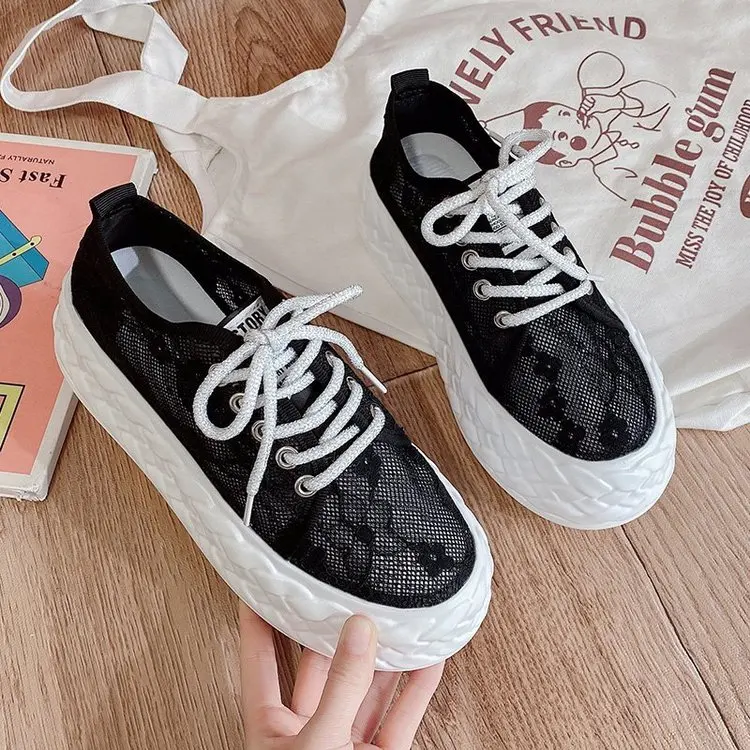 

Summer Casual Women Shoes Sexy Cutouts Lace Mesh Platform Shoes Hollow Floral Breathable Flats Female Lace Up Vulcanized Shoes