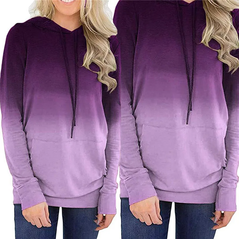 

Spring And Autumn Ladies Gradient Color Long-sleeved Sweater Fashion Front Pocket Drawstring Hoodie Casual Loose Top