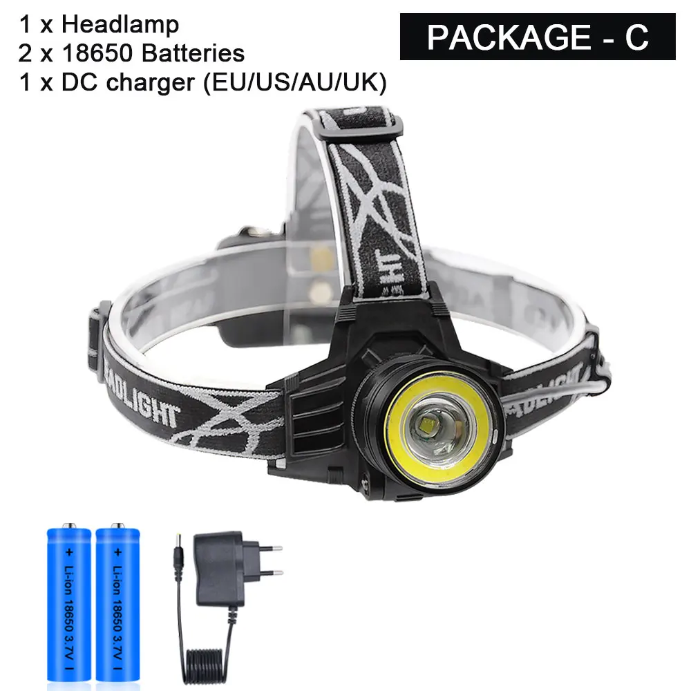 Package-C Супер яркий светодиодный налобный фонарь T6+ COB, 4 режима, фонарь для охоты, рыбалки, велосипеда, USB Перезаряжаемый Головной фонарь, масштабируемый фонарик 18650 - Испускаемый цвет: Package-C