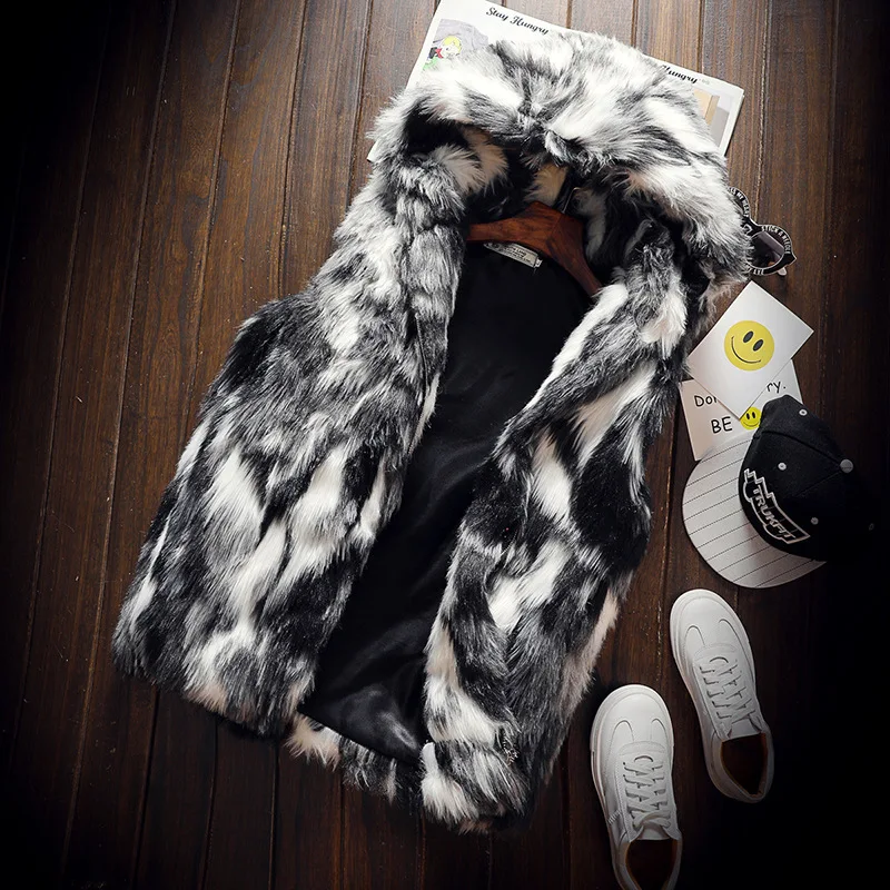 

Imitional Fur Men's Jacket Hooded Tie-dying Fluffy Warm Sleeveless Fashion Persoanlity Autumn Winter Quality Male Coat