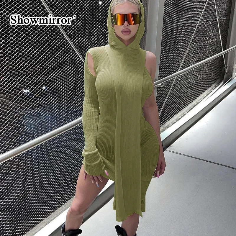 ShowmirrorSexy трикотажное платье миди прозрачные X-Long толстовки Топы осенняя одежда с