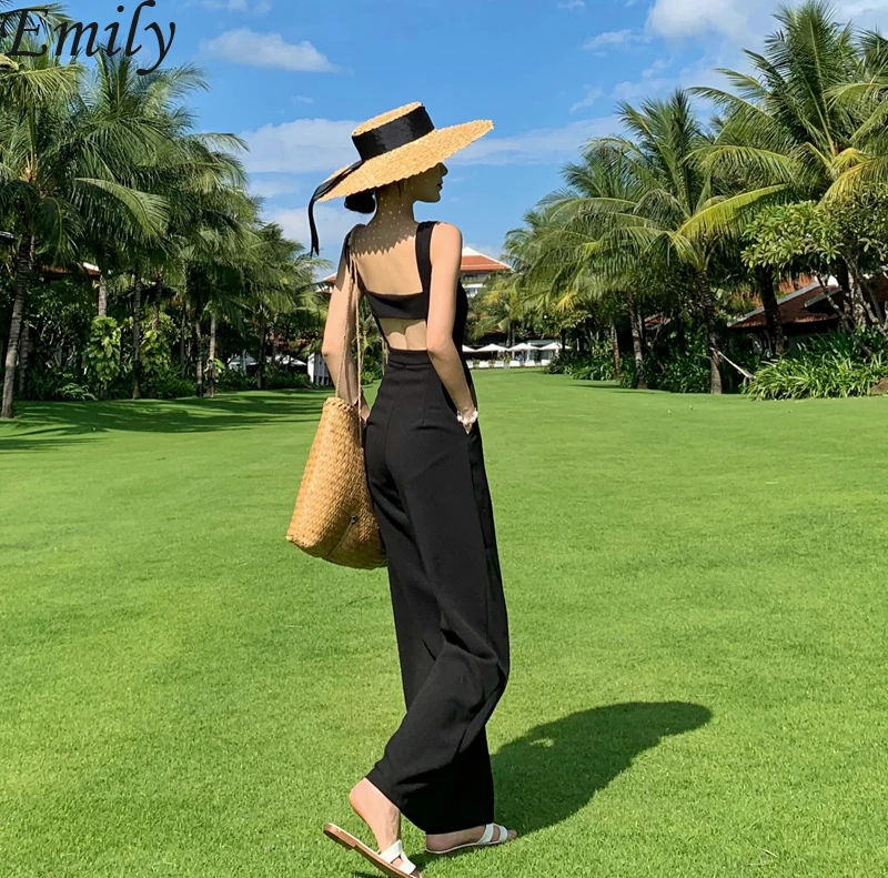 Женский комбинезон с широкими штанинами летний Свободный открытой спиной и