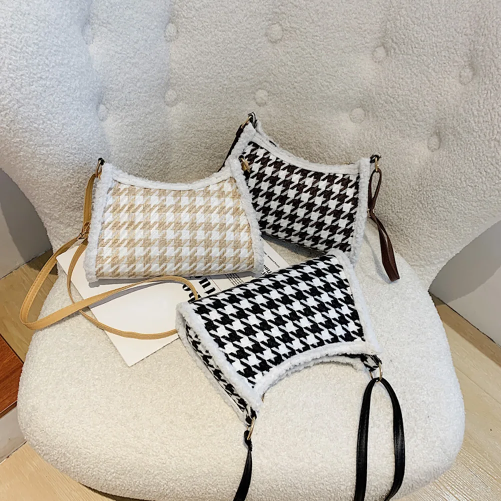 

Women Autumn Winter Fashion Soft Plush Fur Shoulder Underarm Bags Simple Female Woolen Cloth Houndstooth Pattern Daily Handbag