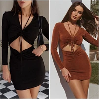 skmy 2021 autumn and winter new club outfits for women lace up high waist sexy solid color long sleeve hollow out pleated dress