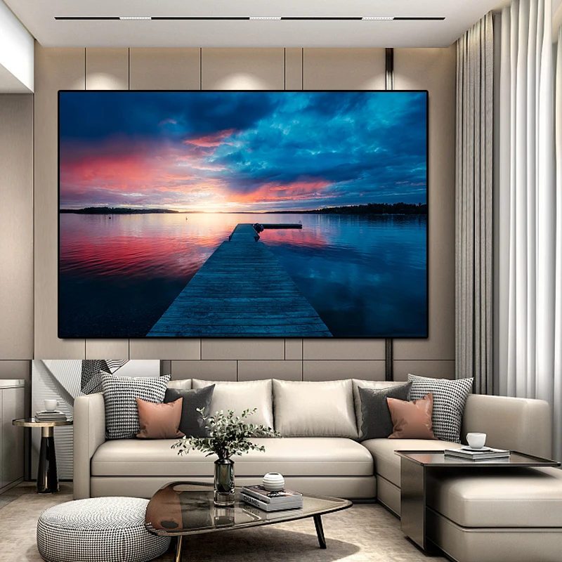 Картина на холсте морской пейзаж плакат закат у озера украшение для гостиной