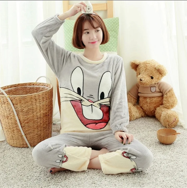 

Autumn & Winter Thick Coral Velvet Pajamas Women's Winter Cartoon Cute Bugs Bunny Flannel Long Sleeve Homewear Set