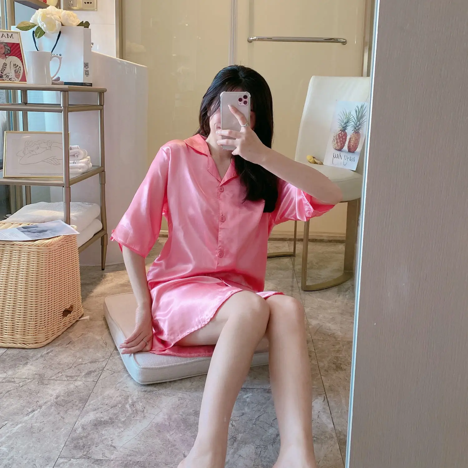

Pajamas female summer short sleeve blouse nightdress large loose ice silk sexy nightdress medium length summer pajamas