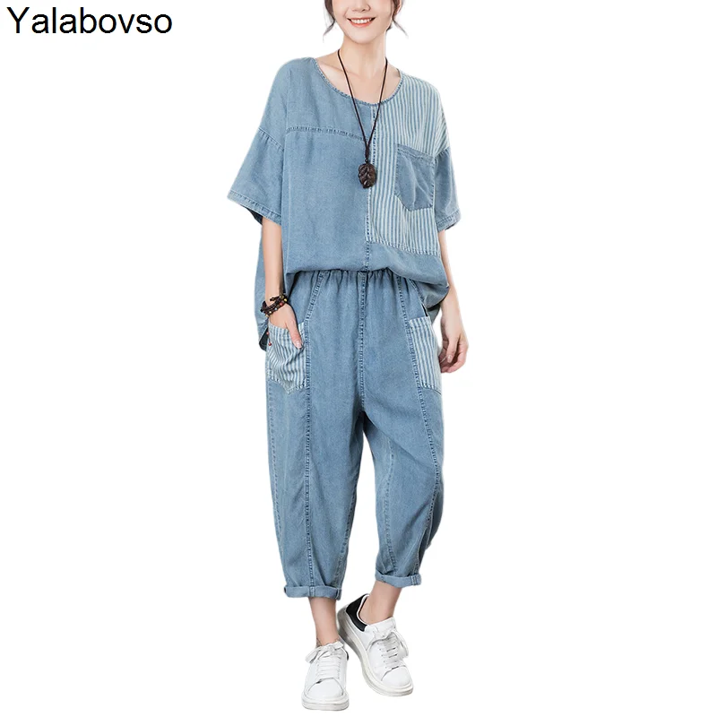 

2021 Summer Washed Denim Two Piece Suit With Foreign Style Soft Thin Casual Sets Female Outfits Tees And Pants Tracksuit Fashion