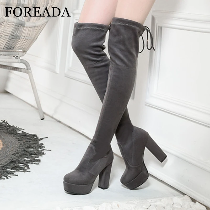 

FOREADA Super High Heel Over The Knee Boots Woman Platform Chunky Heel Long Boots Slim Stretch Shoes Female Thigh High Boots 43