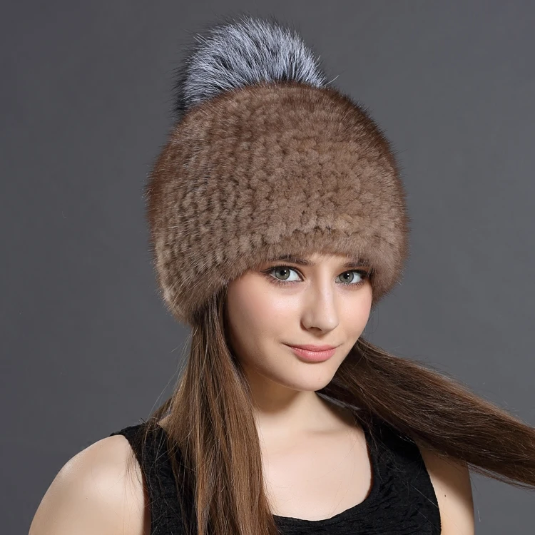 Women's Natural Winter Hats for Women Real Mink Fur Bonnet Large Fox Pompom Hat with Ears Gorros Mujer Invierno MY817