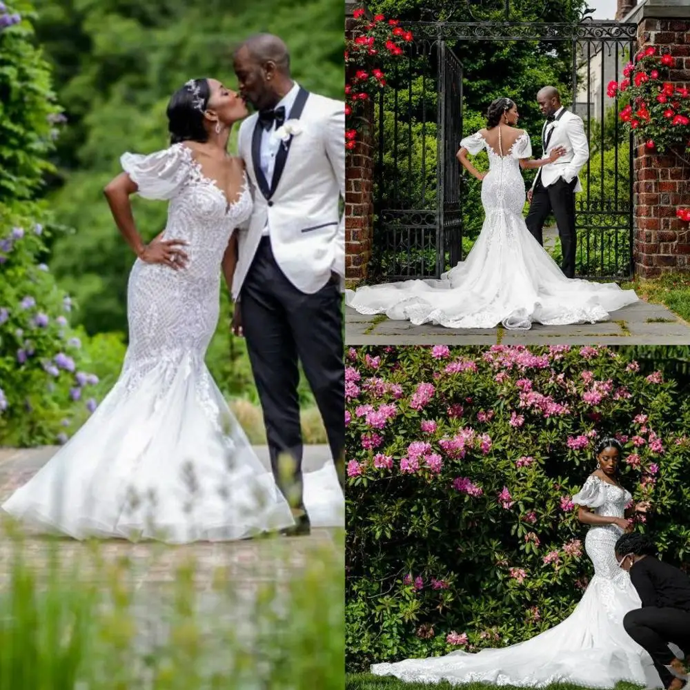 

Круглой головиной и коротким пышным рукавом Русалка свадебное платье Иллюзия Назад Кружева Аппликация Тюль 2021 в африканском стиле; Свадебн...