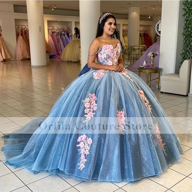 

Princesa Blue Off Shoulder Quinceanera Dress 3D Flora Vestidos De 15 Años XV Ball Gown Prom Party Gowns