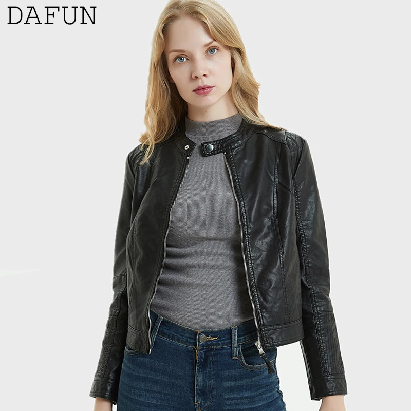Черная Женская куртка chaqueta mujer с круглым вырезом и длинным рукавом кожаная