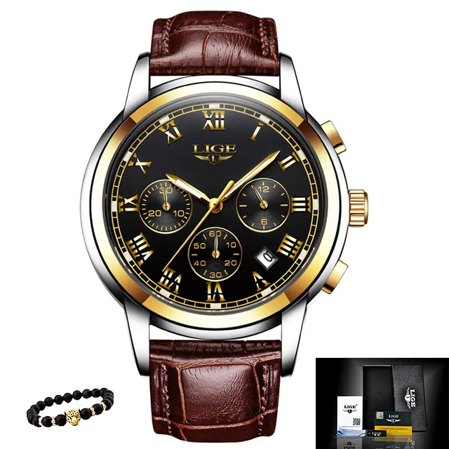 L-gold black LIGE мужские часы, военные Роскошные брендовые часы, мужские кварцевые часы из нержавеющей стали, модные часы с хронографом, мужские часы - Цвет: L-gold black