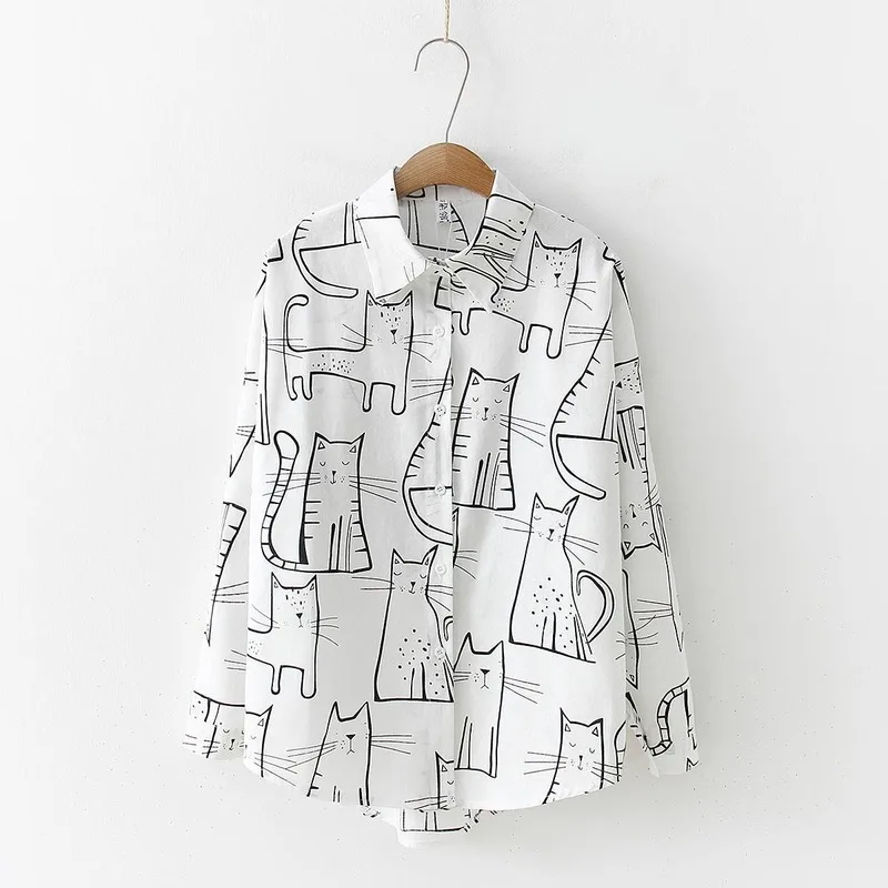 Fashion Cotton Cute Cat Print Loose Casual Ladies Blouse Tops 2021 Spring Autumn Women Turn Down Collar Long Sleeve Pink Shirt