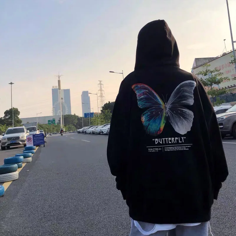 

Winter Autumn Black Hoodie Men Hip Hop Color Butterfly Streetwear Sweatshirt Hoodie Harajuku Pullover Hoodie Cotton Fleece