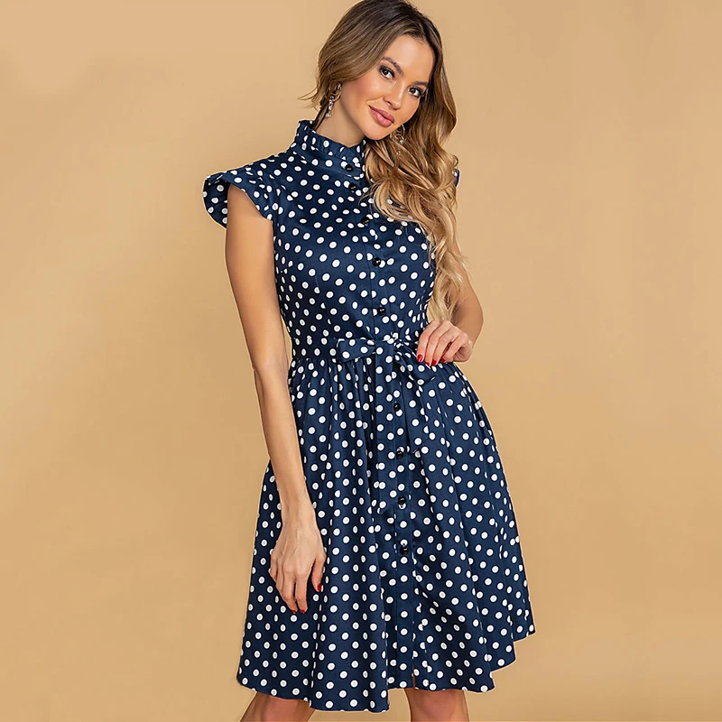

Small Round Point Ruffle Sleeve Skirt Women Casual Midi Holiday 2020 Summer New Dress Female A-line Loose Women Beach Dress